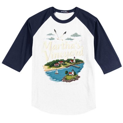 MarthaS Vineyard Massachusetts Scenic Island Illustration Baseball Sleeve Shirt