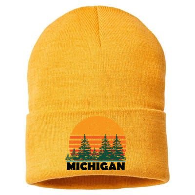 Michigan Vintage Retro Sunset Mi State Gift Sustainable Knit Beanie