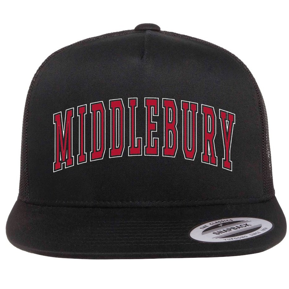 Middlebury Vermont Souvenir College Style Red Text Flat Bill Trucker Hat