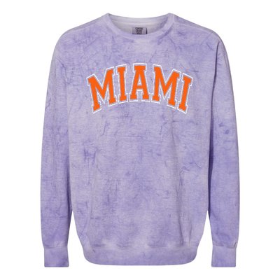 Miami Varsity Style Orange Text With White Outline Colorblast Crewneck Sweatshirt