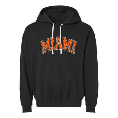 Miami Varsity Style Orange Text With White Outline Garment-Dyed Fleece Hoodie