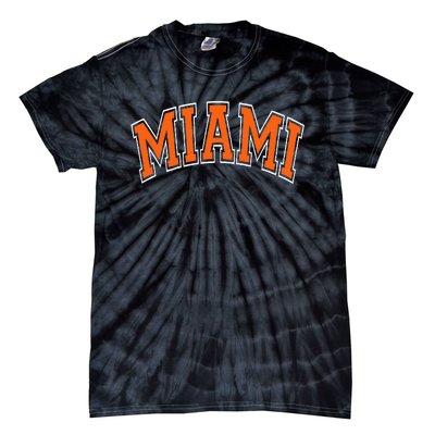 Miami Varsity Style Orange Text With White Outline Tie-Dye T-Shirt