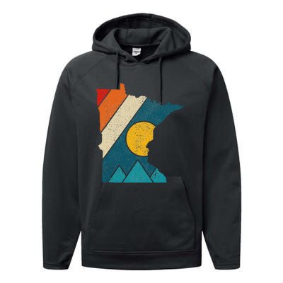 Minnesota Vintage State Map Mountains Hiking Pride Gift Performance Fleece Hoodie