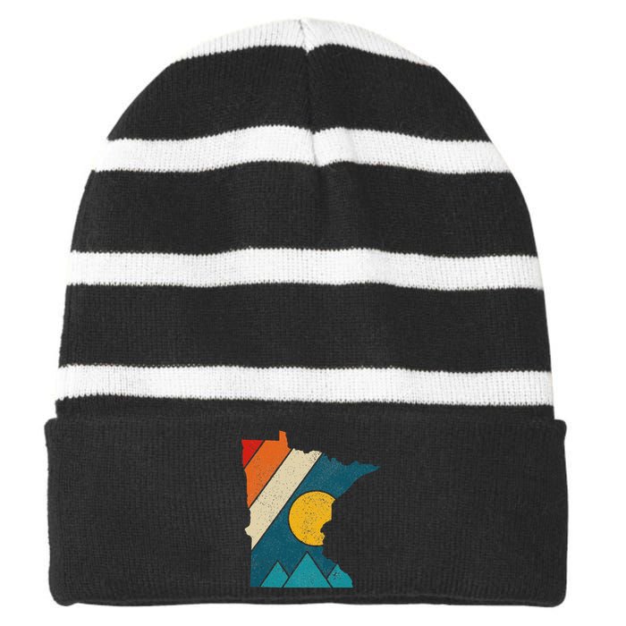 Minnesota Vintage State Map Mountains Hiking Pride Gift Striped Beanie with Solid Band