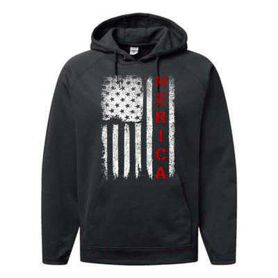 Merica Vintage USA Flag Stars And Stripes Funny 4th Of July Performance Fleece Hoodie