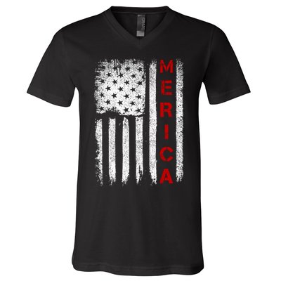 Merica Vintage USA Flag Stars And Stripes Funny 4th Of July V-Neck T-Shirt
