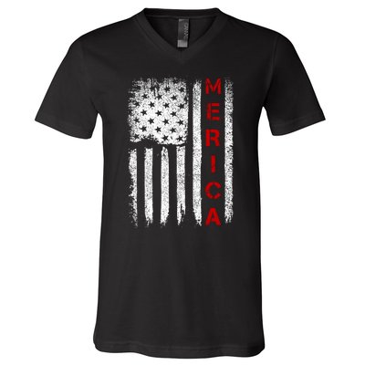 Merica Vintage USA Flag Stars And Stripes Funny 4th Of July V-Neck T-Shirt