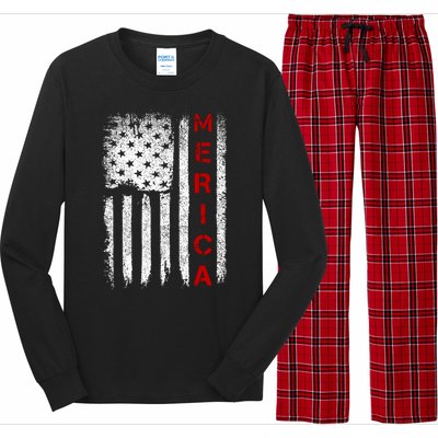 Merica Vintage USA Flag Stars And Stripes Funny 4th Of July Long Sleeve Pajama Set