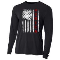 Merica Vintage USA Flag Stars And Stripes Funny 4th Of July Cooling Performance Long Sleeve Crew