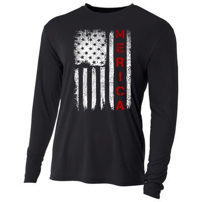 Merica Vintage USA Flag Stars And Stripes Funny 4th Of July Cooling Performance Long Sleeve Crew