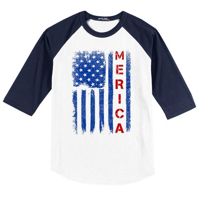 Merica Vintage USA Flag Stars And Stripes Funny 4th Of July Baseball Sleeve Shirt