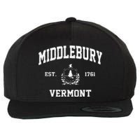 Middlebury Vermont VT Vintage State Athletic Style Wool Snapback Cap