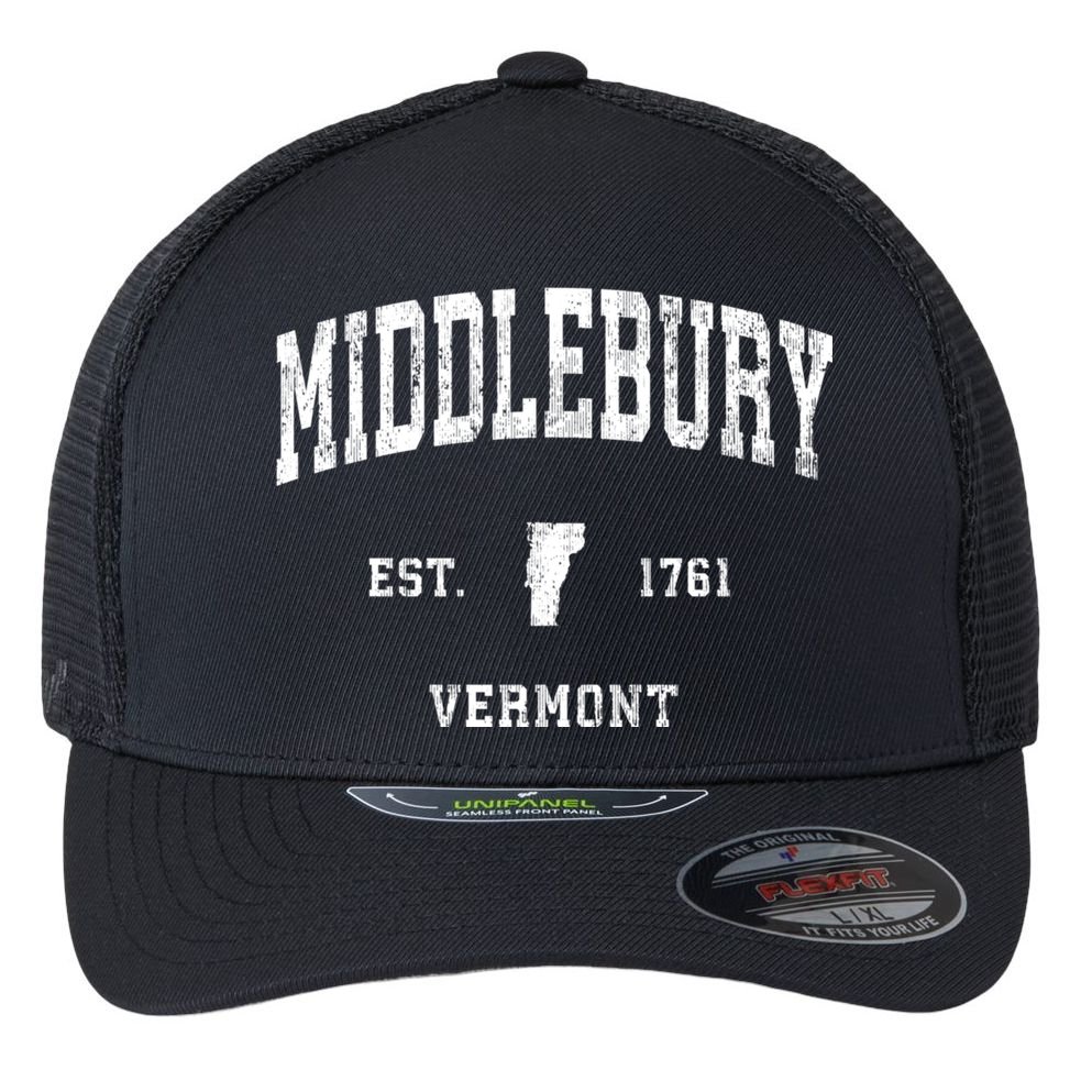 Middlebury Vermont Vt Vintage Athletic Black Sports Flexfit Unipanel Trucker Cap