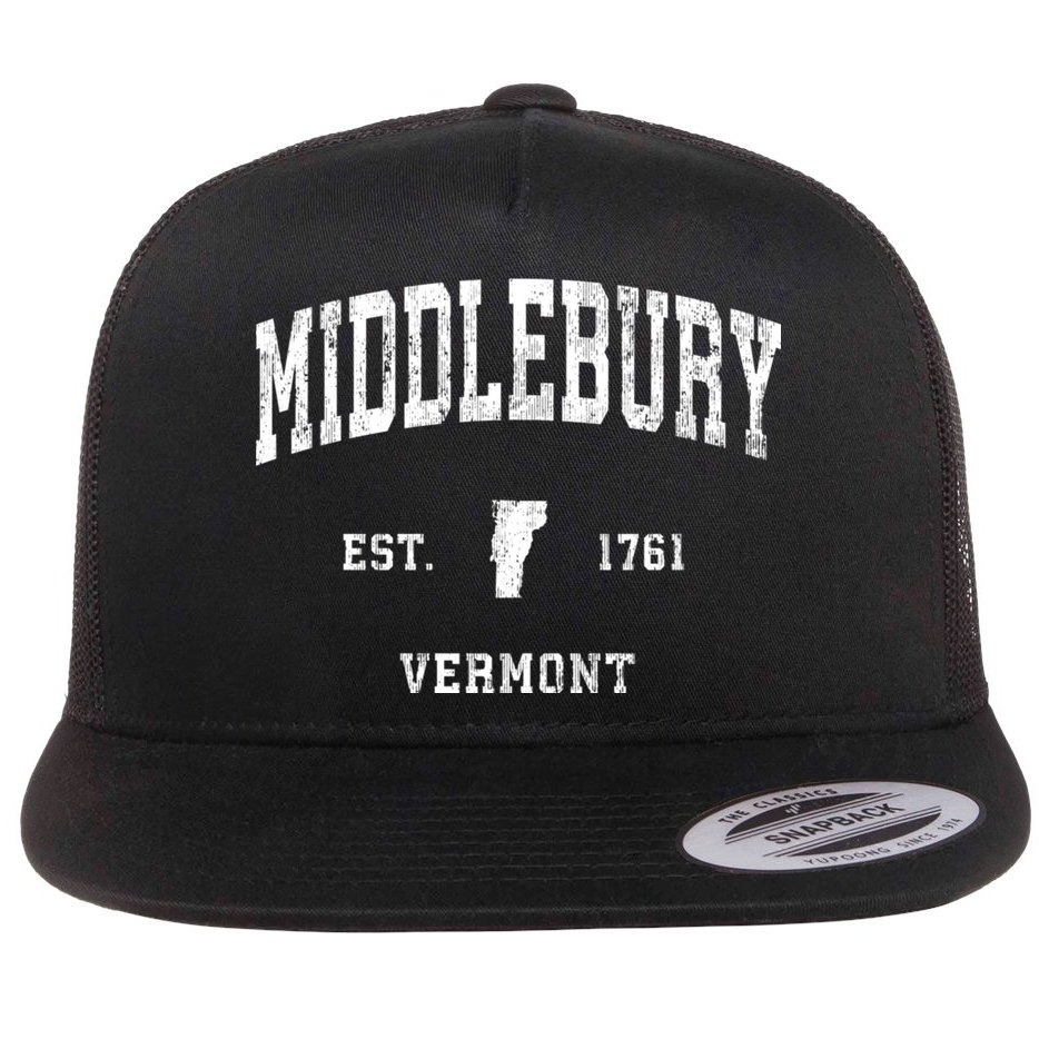 Middlebury Vermont Vt Vintage Athletic Black Sports Flat Bill Trucker Hat