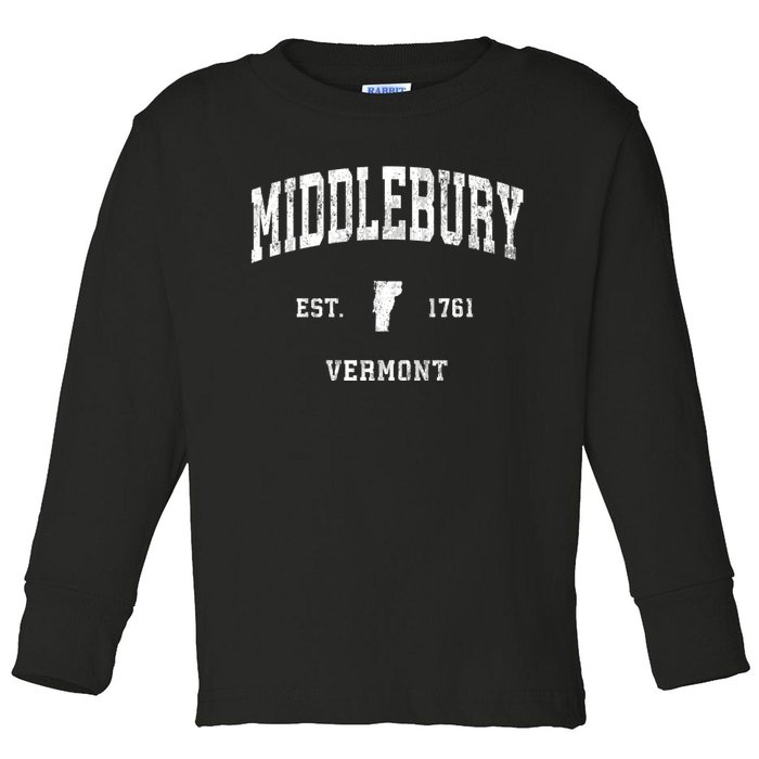 Middlebury Vermont Vt Vintage Athletic Black Sports Toddler Long Sleeve Shirt