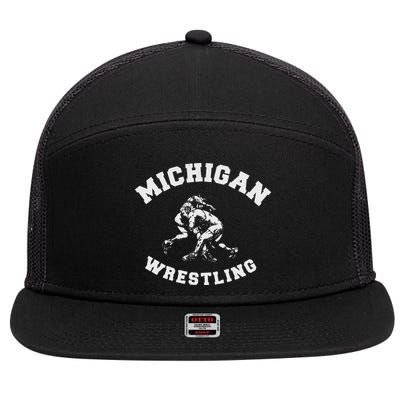 Michigan Wrestling 80s Distressed Retro Freestyle Wrestlers 7 Panel Mesh Trucker Snapback Hat
