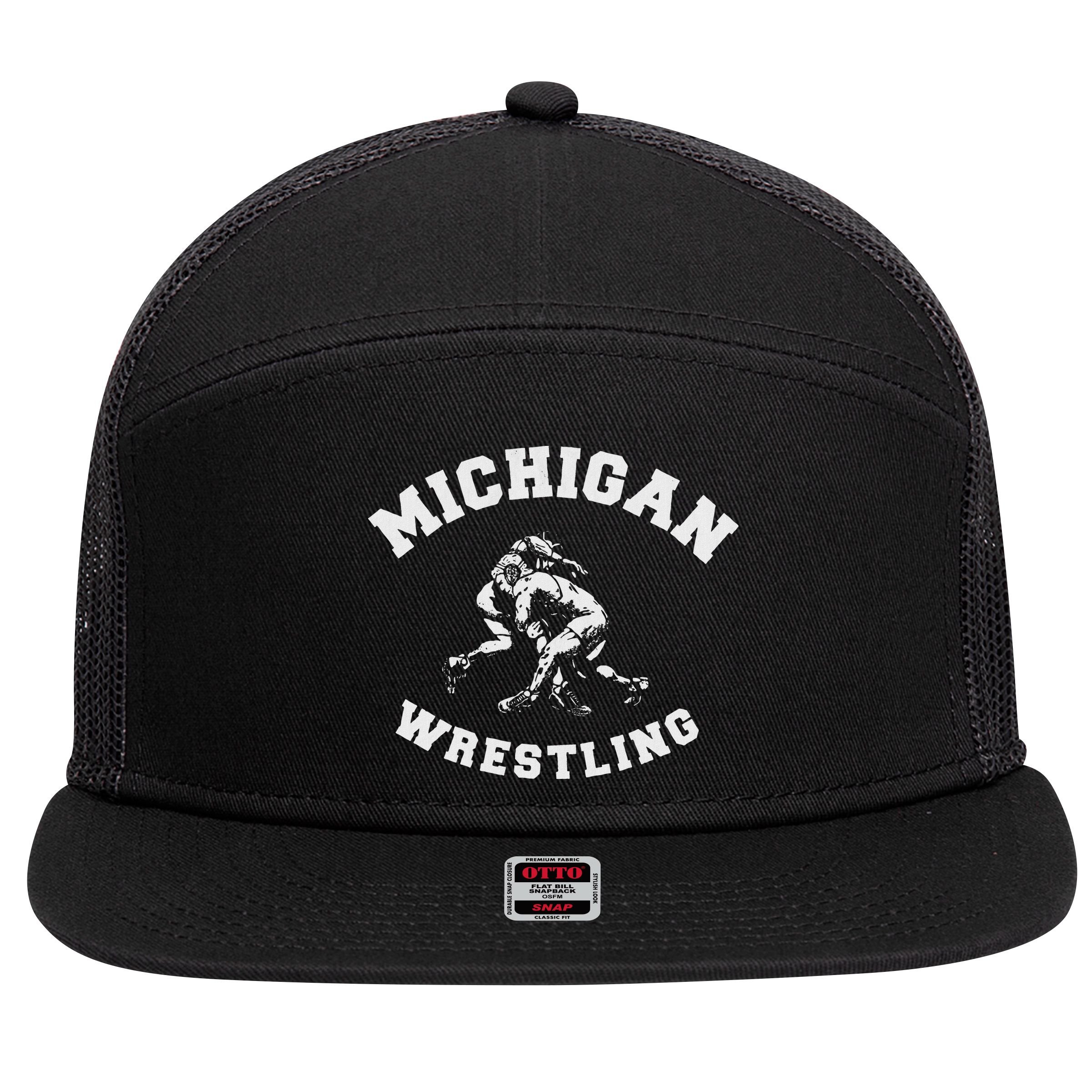 Michigan Wrestling 80s Distressed Retro Freestyle Wrestlers 7 Panel Mesh Trucker Snapback Hat