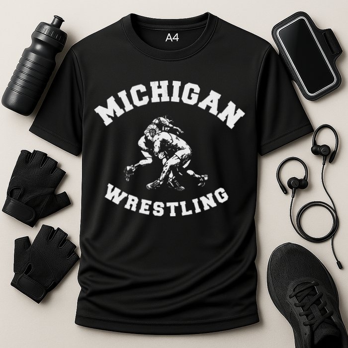 Michigan Wrestling 80s Distressed Retro Freestyle Wrestlers Cooling Performance Crew T-Shirt
