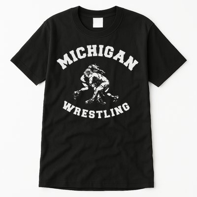 Michigan Wrestling 80s Distressed Retro Freestyle Wrestlers Tall T-Shirt