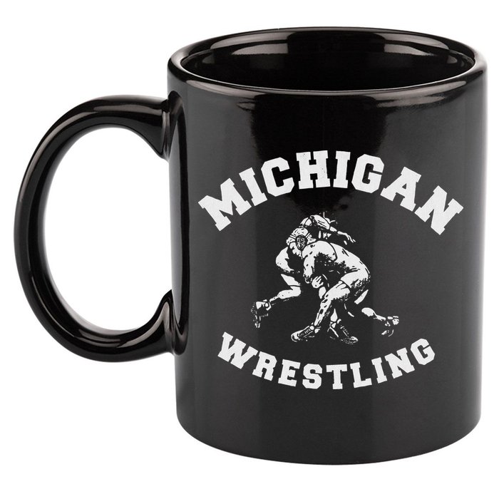 Michigan Wrestling 80s Distressed Retro Freestyle Wrestlers 11oz C Handle Ceramic Mug