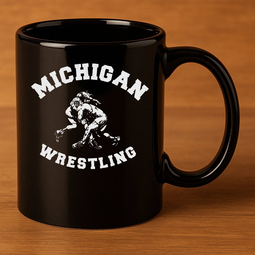 Michigan Wrestling 80s Distressed Retro Freestyle Wrestlers 11oz C Handle Ceramic Mug