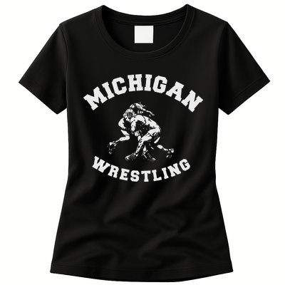 Michigan Wrestling 80s Distressed Retro Freestyle Wrestlers Womens T-Shirt