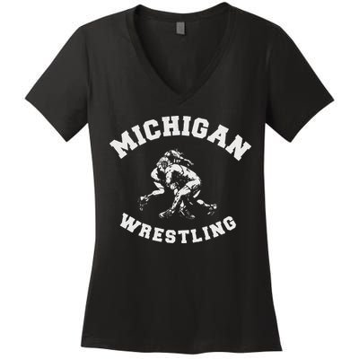 Michigan Wrestling 80s Distressed Retro Freestyle Wrestlers Women's V-Neck T-Shirt