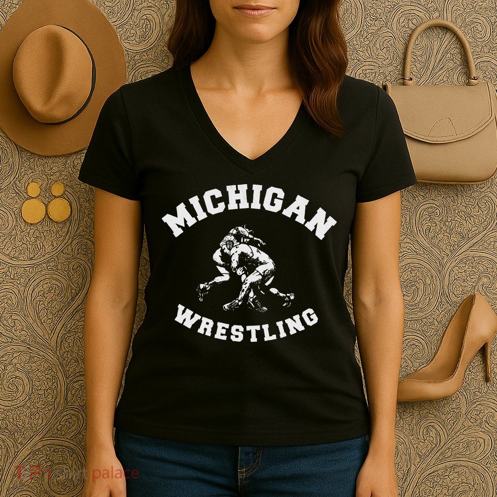 Michigan Wrestling 80s Distressed Retro Freestyle Wrestlers Women's V-Neck T-Shirt