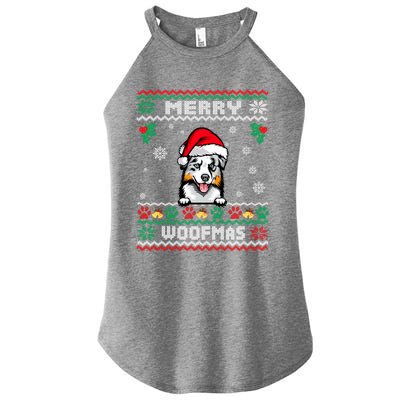 Merry Woofmas Australian Shepherd Dog Ugly Christmas Sweater Great Gift Women’s Perfect Tri Rocker Tank