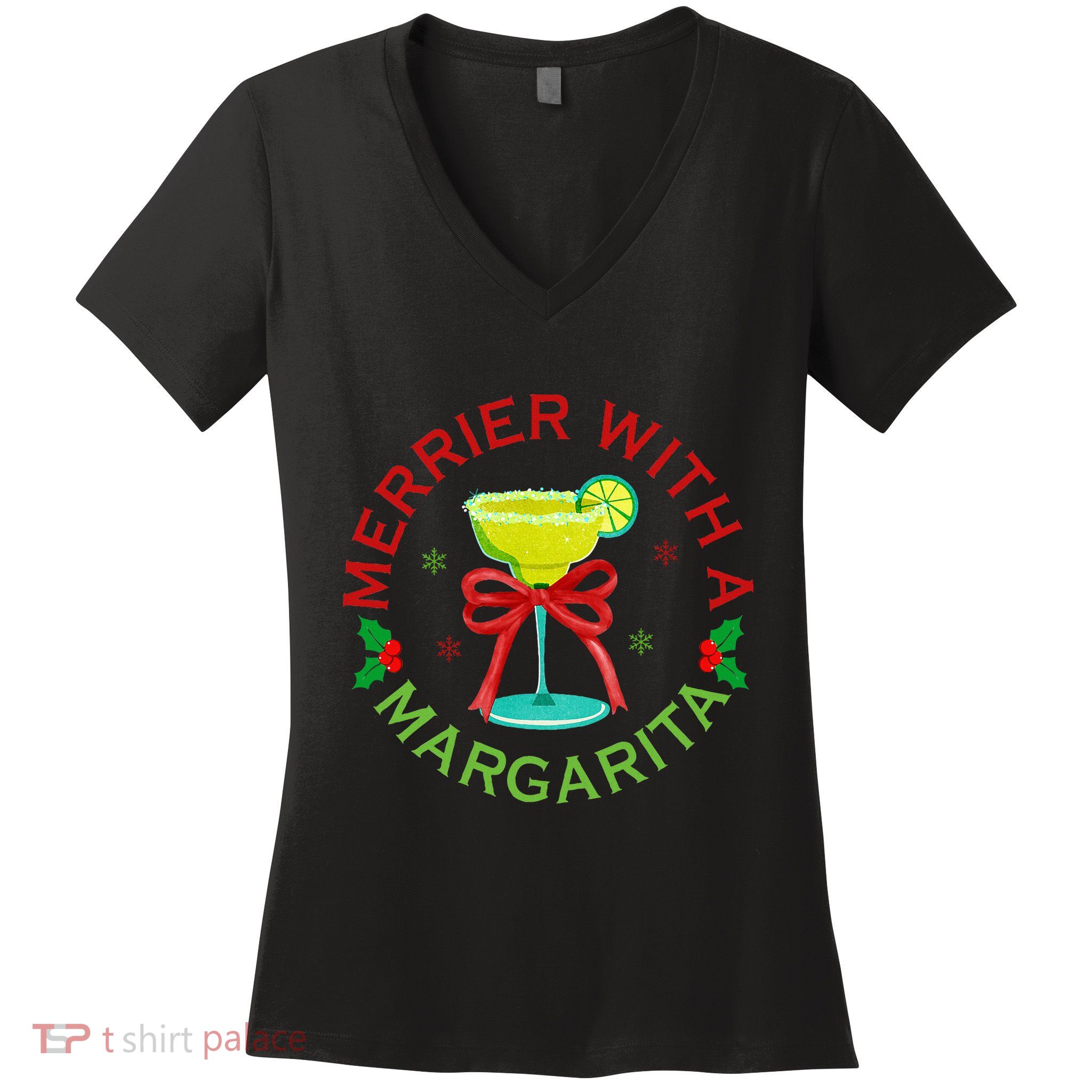 Merrier With A Margarita Christmas Drinking Margarita Lover Women's V-Neck T-Shirt