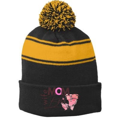 Mom Wife Boss MotherS Day Stripe Pom Pom Beanie