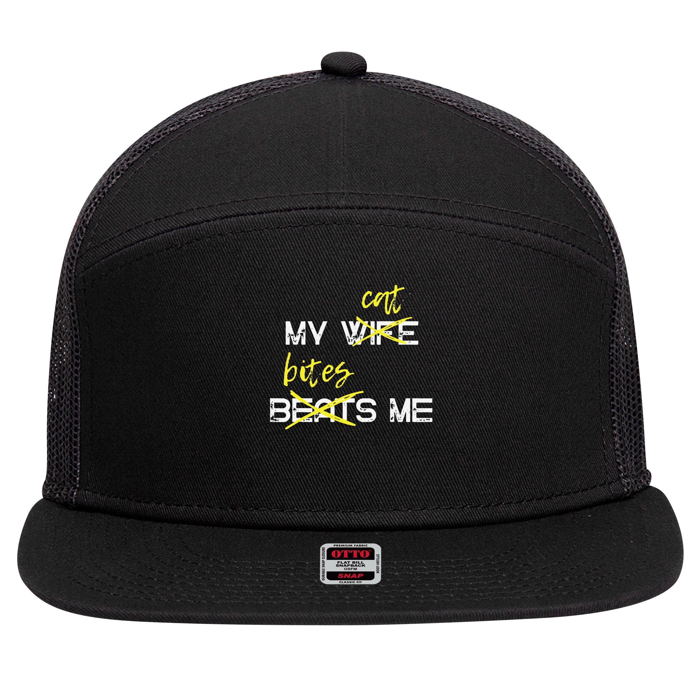 My Wife Beats Me My Cat Bites Me Funny Husband Cat Lover 7 Panel Mesh Trucker Snapback Hat