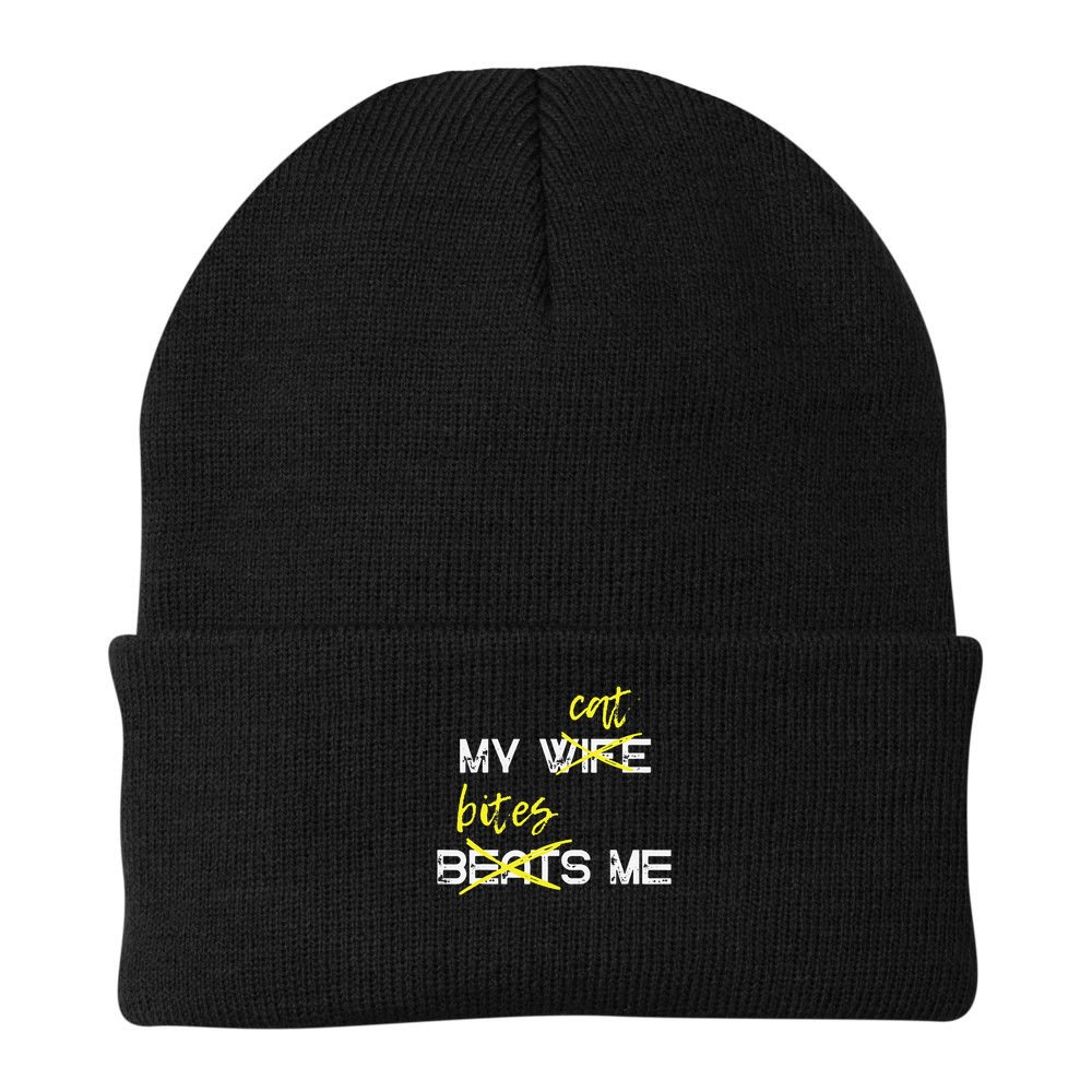 My Wife Beats Me My Cat Bites Me Funny Husband Cat Lover Beanie