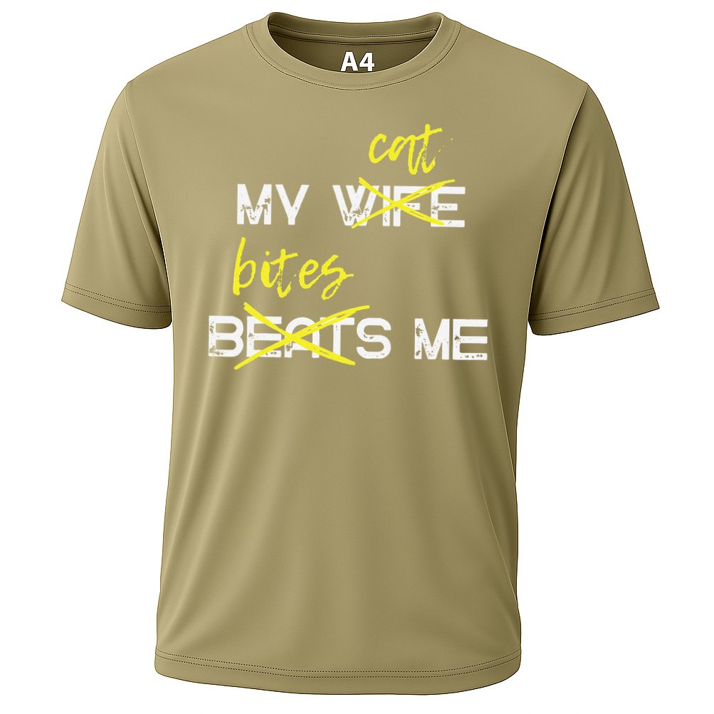 My Wife Beats Me My Cat Bites Me Funny Husband Cat Lover Cooling Performance Crew T-Shirt