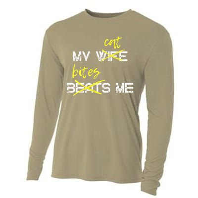 My Wife Beats Me My Cat Bites Me Funny Husband Cat Lover Cooling Performance Long Sleeve Crew
