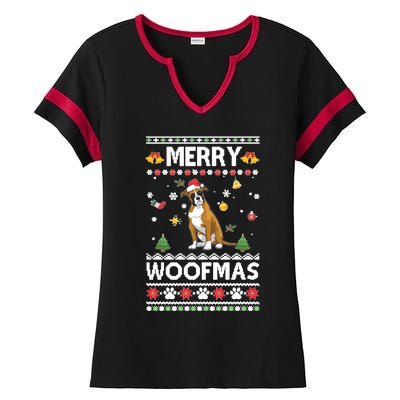 Merry Woofmas Boxer Santa Reindeer Ugly Christmas Xmas Sweatshirt Ladies Halftime Notch Neck Tee