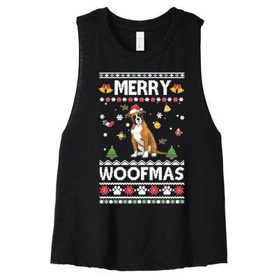 Merry Woofmas Boxer Santa Reindeer Ugly Christmas Xmas Sweatshirt Women's Racerback Cropped Tank