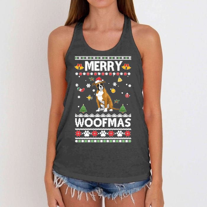 Merry Woofmas Boxer Santa Reindeer Ugly Christmas Xmas Sweatshirt Women's Knotted Racerback Tank