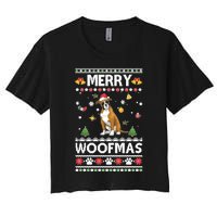 Merry Woofmas Boxer Santa Reindeer Ugly Christmas Xmas Sweatshirt Women's Crop Top Tee