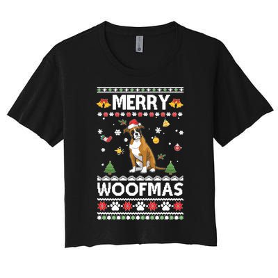 Merry Woofmas Boxer Santa Reindeer Ugly Christmas Xmas Sweatshirt Women's Crop Top Tee