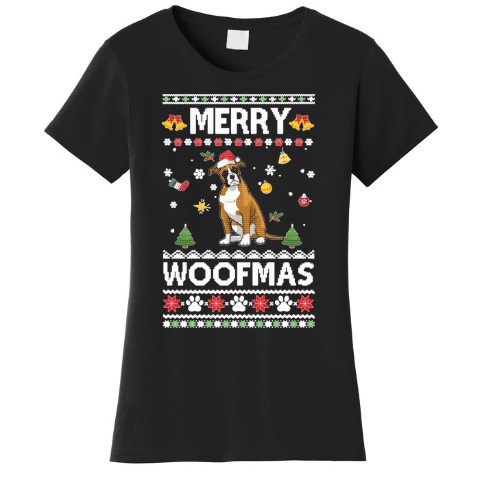 Merry Woofmas Boxer Santa Reindeer Ugly Christmas Xmas Sweatshirt Women's T-Shirt