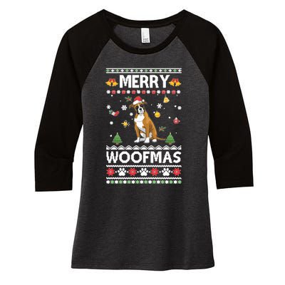 Merry Woofmas Boxer Santa Reindeer Ugly Christmas Xmas Sweatshirt Women's Tri-Blend 3/4-Sleeve Raglan Shirt