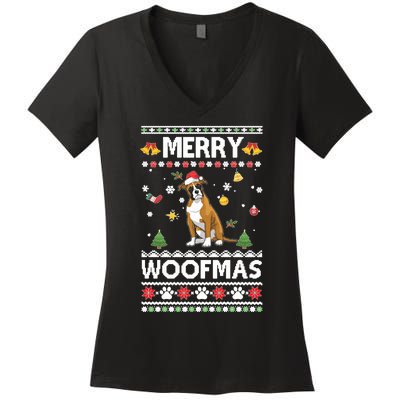 Merry Woofmas Boxer Santa Reindeer Ugly Christmas Xmas Sweatshirt Women's V-Neck T-Shirt