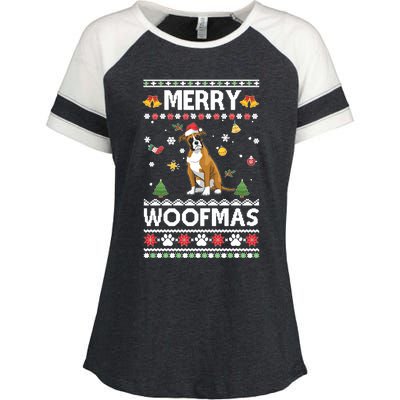 Merry Woofmas Boxer Santa Reindeer Ugly Christmas Xmas Sweatshirt Enza Ladies Jersey Colorblock Tee