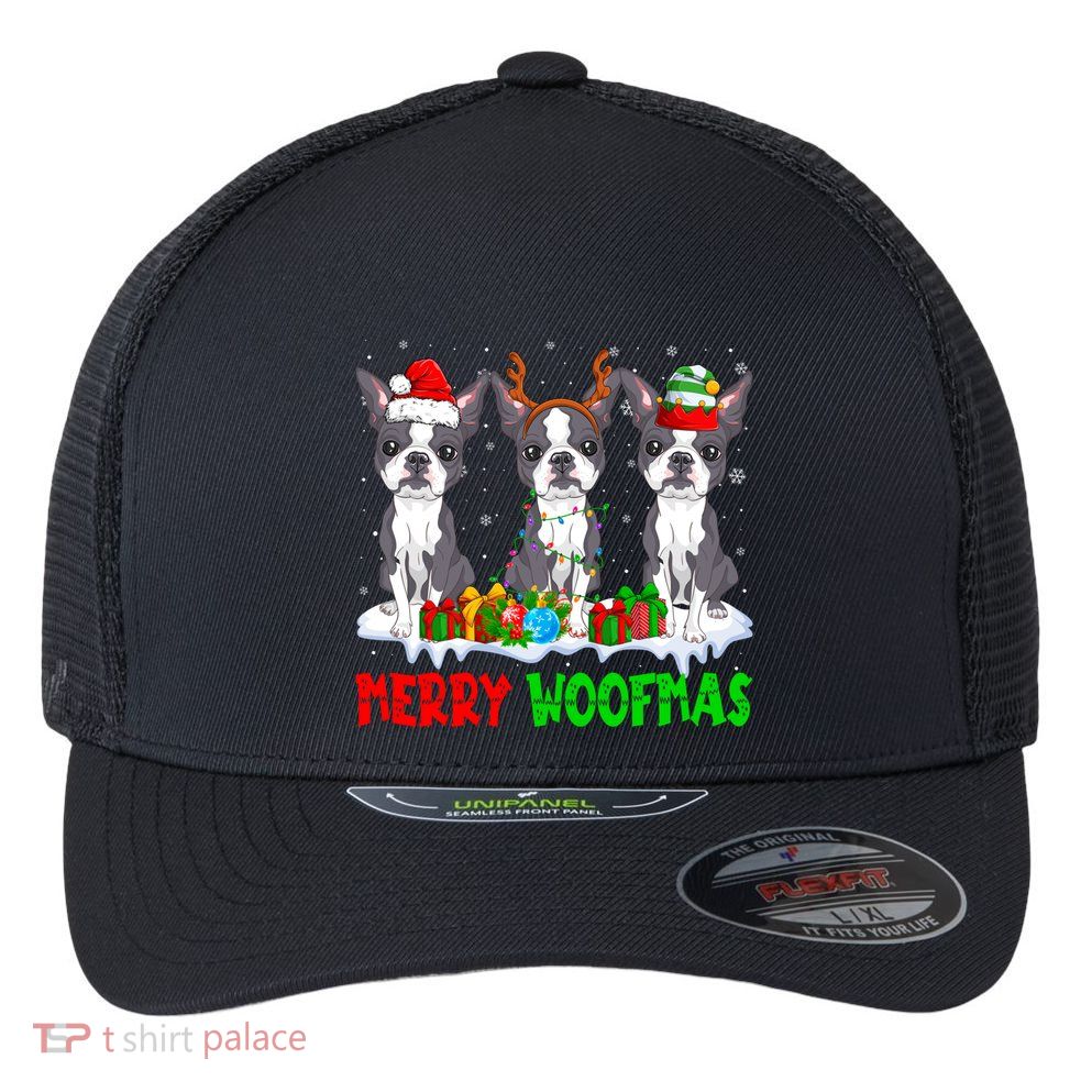 Merry Woofmas Boston Terrier Dog Lover Christmas Pajama Great Gift Flexfit Unipanel Trucker Cap
