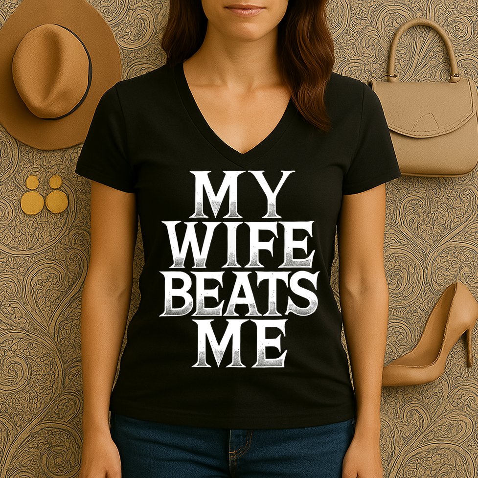 My Wife B.e.a.t.s Me Funny Husband Joke  Women's V-Neck T-Shirt
