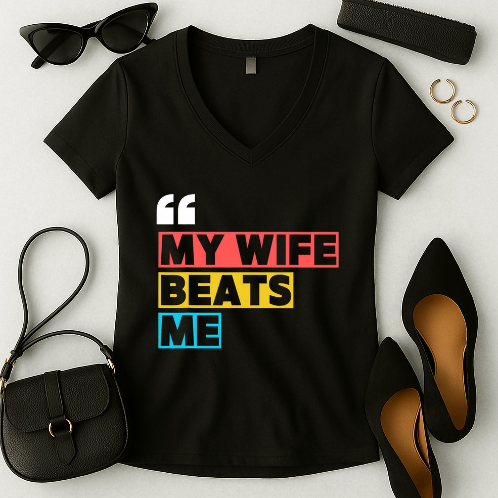 My Wife Beats Me - Funny Husband  Women's V-Neck T-Shirt