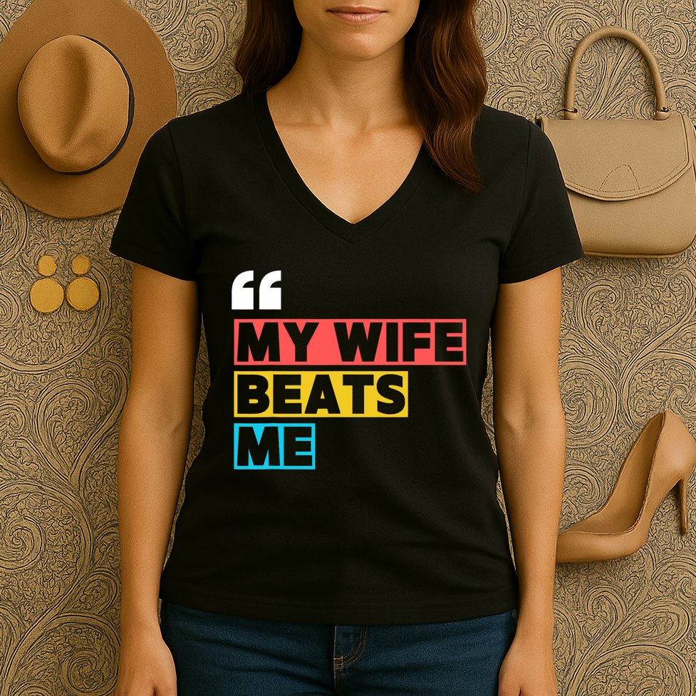 My Wife Beats Me - Funny Husband  Women's V-Neck T-Shirt