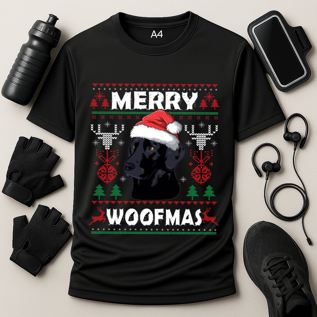 Merry Woofmas Black Lab Santa Hat Dog Xmas Gift Cooling Performance Crew T-Shirt