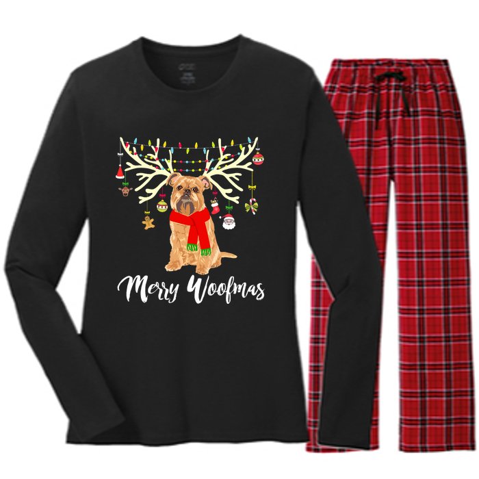 Merry Woofmas Brussels Griffon Reindeer Christmas Dog Women's Long Sleeve Flannel Pajama Set 